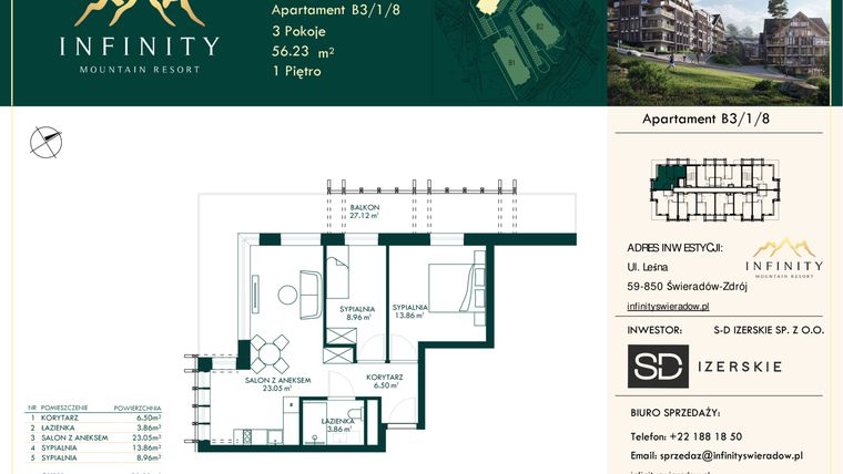 Rzut - Mieszkanie na sprzedaż 3 pokoje o powierzchni 56,23 m² - numer B3.1.8 w Infinity Mountain Resort