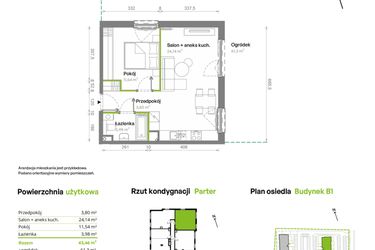 Rzut - Mieszkanie na sprzedaż 2 pokoje o powierzchni 43,46 m² - numer B1.00.07 w Południe Vita