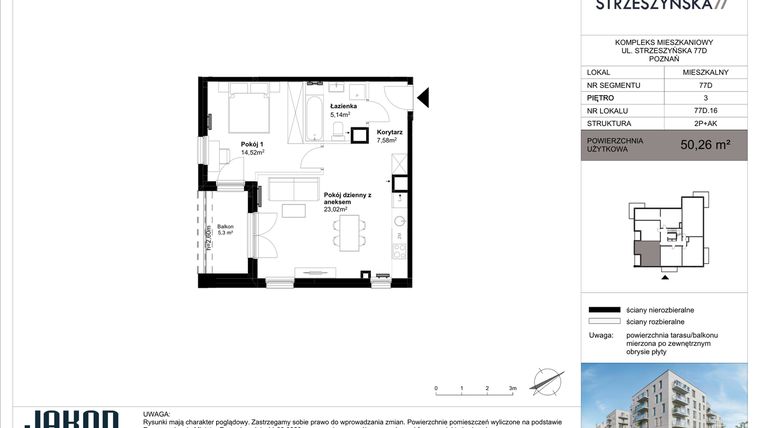 Rzut - Mieszkanie na sprzedaż 2 pokoje o powierzchni 50,26 m² - numer 77D.16 w Strzeszyńska 77