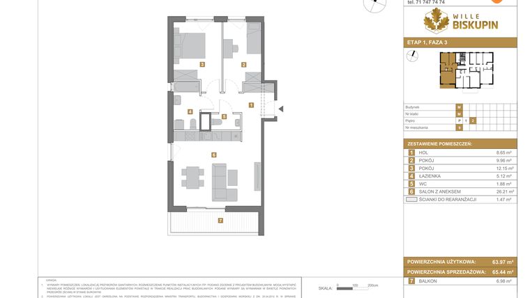 Rzut - Mieszkanie na sprzedaż 3 pokoje o powierzchni 65,44 m² - numer M9 w Wille Biskupin III