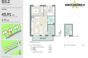 Rzut - Mieszkanie na sprzedaż 3 pokoje o powierzchni 49,66 m² - numer D3.2 w Gwiazdowo II