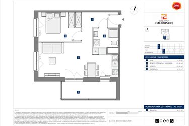 Rzut - Mieszkanie na sprzedaż 2 pokoje o powierzchni 43,27 m² - numer B.14 w Osiedle przy Malborskiej II