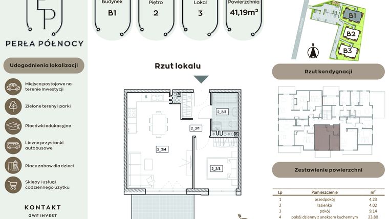 Rzut - Mieszkanie na sprzedaż 2 pokoje o powierzchni 41,19 m² - numer B1.2_3 w Perła Północy etap 2
