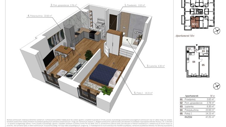 Rzut - Mieszkanie na sprzedaż 2 pokoje o powierzchni 47,25 m² - numer M11 w Przy Parku etap II