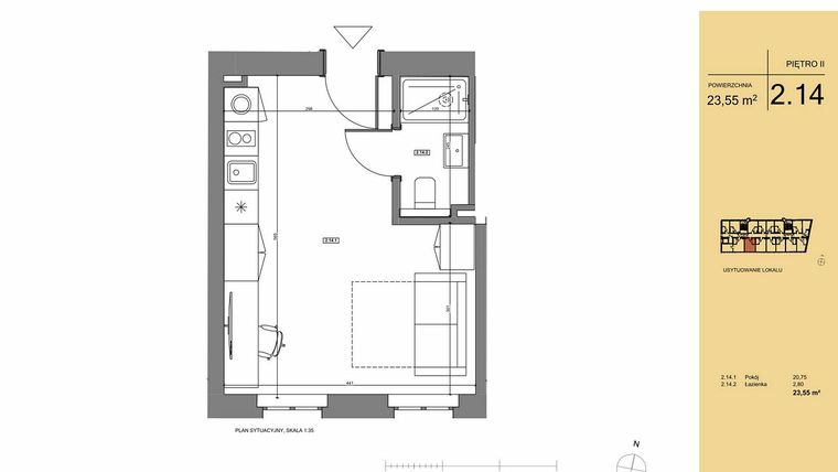 Rzut - Mieszkanie na sprzedaż 1 pokój o powierzchni 23,55 m² - numer 2.14 w Rezydencja San Petrus
