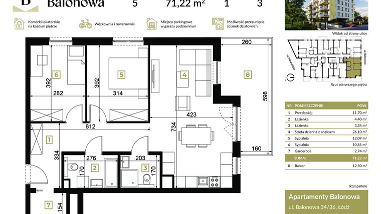 Rzut - Mieszkanie na sprzedaż 3 pokoje o powierzchni 71,14 m² - numer 5 w Apartamenty Balonowa