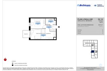 Rzut - Mieszkanie na sprzedaż 2 pokoje o powierzchni 38,74 m² - numer D2.18 w Bulwar Północny