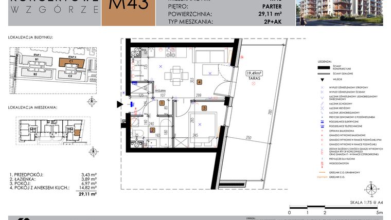 Rzut - Mieszkanie na sprzedaż 2 pokoje o powierzchni 29,11 m² - numer C1_M43 w Koncertowe Wzgórze etap II