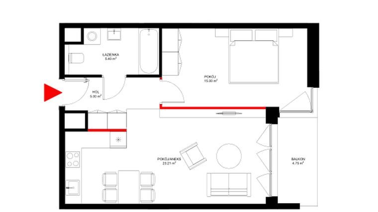Rzut - Mieszkanie na sprzedaż 2 pokoje o powierzchni 48,61 m² - numer E.6.5 w INSPIRE ETAP IV – bud. E