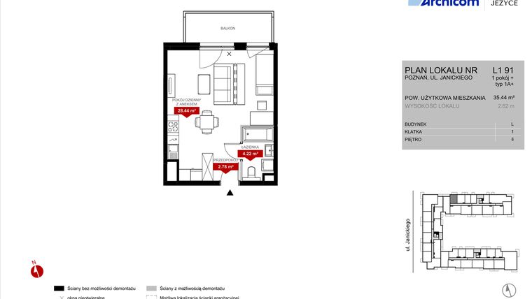 Rzut - Mieszkanie na sprzedaż 1 pokój o powierzchni 35,44 m² - numer L1.91 w Wieża Jeżyce etap VI