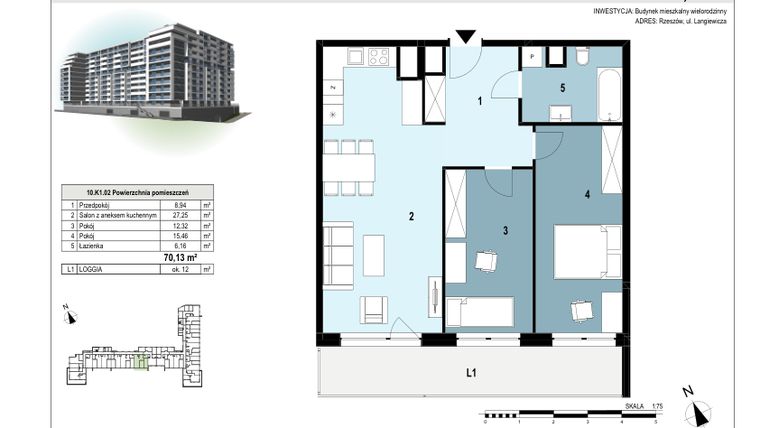 Rzut - Mieszkanie na sprzedaż 3 pokoje o powierzchni 70,21 m² - numer 10.K1.02 w Langiewicza 37