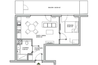 Rzut - Mieszkanie na sprzedaż 2 pokoje o powierzchni 43,26 m² - numer M18 w Zielona Marina - Apartamenty inwestycyjne