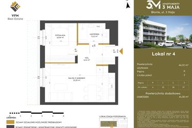 Rzut - Mieszkanie na sprzedaż 2 pokoje o powierzchni 44,22 m² - numer 4 w Apartamenty 3 Maja