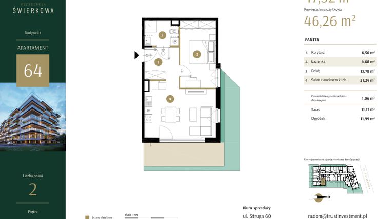 Rzut - Mieszkanie na sprzedaż 2 pokoje o powierzchni 47,32 m² - numer 64 w Rezydencja Świerkowa