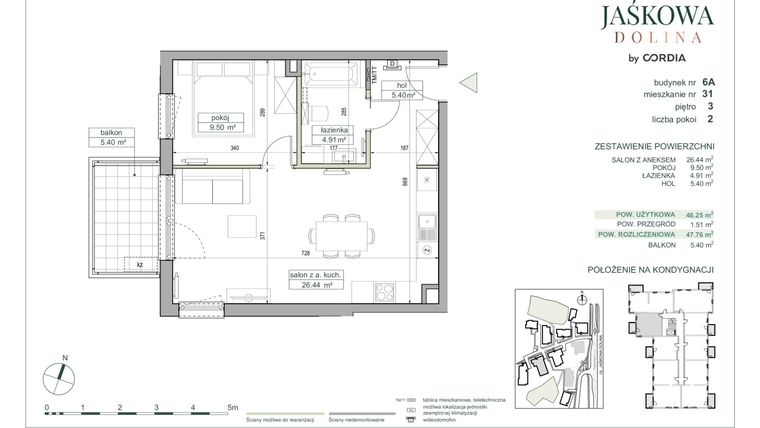 Rzut - Mieszkanie na sprzedaż 2 pokoje o powierzchni 47,76 m² - numer 6.A.31 w Villa Jaśkowa Dolina etap II
