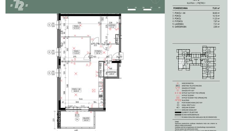 Rzut - Mieszkanie na sprzedaż 3 pokoje o powierzchni 73,46 m² - numer 6 w Wspólnota Mieszkaniowa Gajowa 72