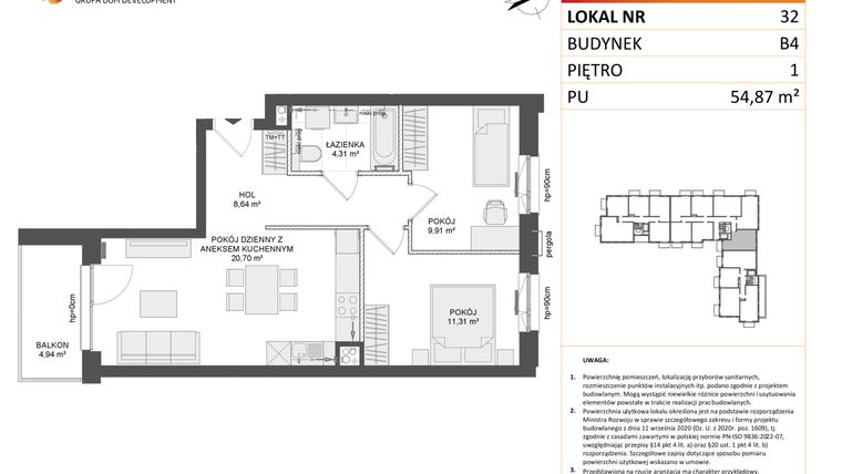 Rzut - Mieszkanie na sprzedaż 3 pokoje o powierzchni 54,71 m² - numer B4.32 w Osiedle Przy Błoniach 3 etap III