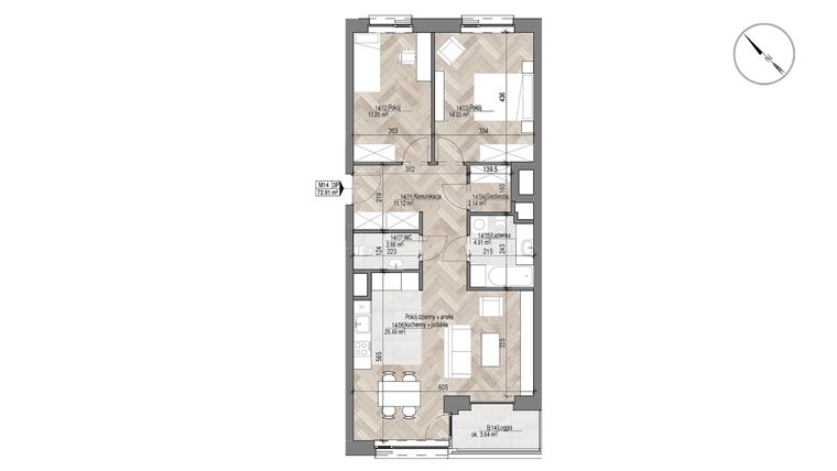 Rzut - Mieszkanie na sprzedaż 3 pokoje o powierzchni 72,91 m² - numer 14 w Apartamenty Czysta