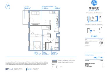 Rzut - Mieszkanie na sprzedaż 3 pokoje o powierzchni 56,37 m² - numer C.5 w Neopolis III