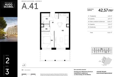 Rzut - Mieszkanie na sprzedaż 2 pokoje o powierzchni 42,57 m² - numer A.41 w Browar HUGO SCOBEL