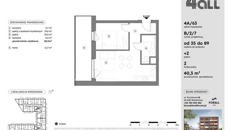 Rzut - Mieszkanie na sprzedaż 2 pokoje o powierzchni 40,21 m² - numer B/2/7 w Osiedle Mateckiego 4ALL