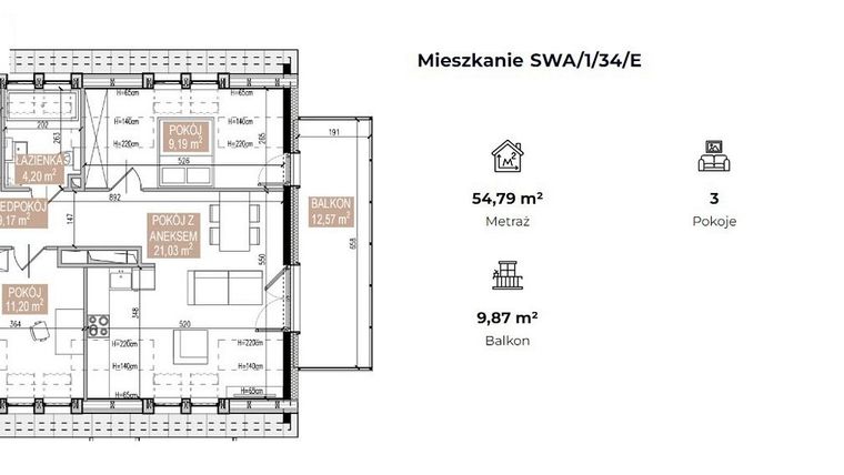 Rzut - Mieszkanie na sprzedaż 3 pokoje o powierzchni 54,26 m² - numer SWA/1/34/E w Apartamenty Świeradowska