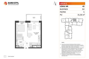 Rzut - Mieszkanie na sprzedaż 1 pokój o powierzchni 31,56 m² - numer 45 w Locus 2 bud. B2