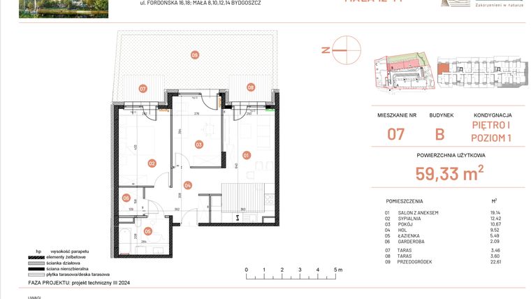 Rzut - Mieszkanie na sprzedaż 3 pokoje o powierzchni 59,33 m² - numer 12.7 w Osiedle Nowe Horyzonty etap III