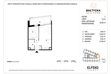 Rzut - Mieszkanie na sprzedaż 2 pokoje o powierzchni 39,06 m² - numer A.2.6 w Bałtycka Sea Park