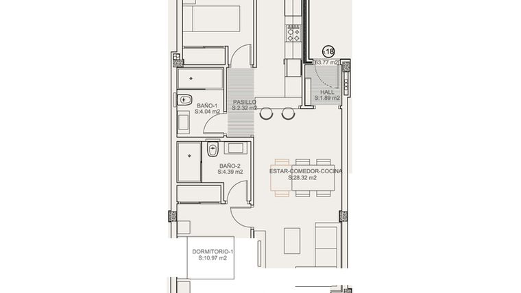 Rzut - Mieszkanie na sprzedaż 2 pokoje o powierzchni 102,9 m² - numer 1-1.18 w Apartamenty w Torrevieja - 51618202