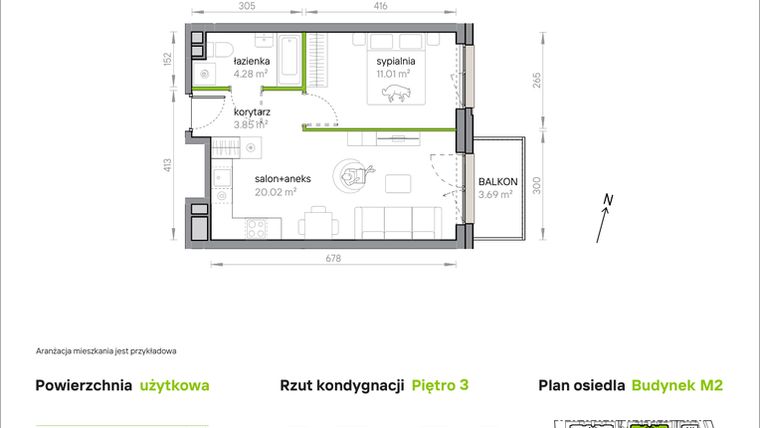 Rzut - Mieszkanie na sprzedaż 2 pokoje o powierzchni 39,16 m² - numer M2/1/3/32 w Przy Parku Vita