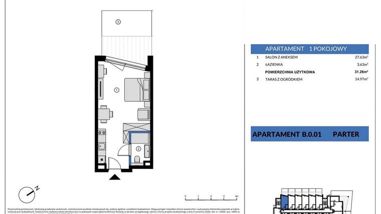 Rzut - Mieszkanie na sprzedaż 1 pokój o powierzchni 31,26 m² - numer B.001 w Wind Yacht