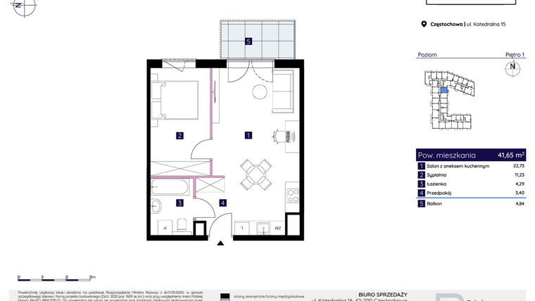 Rzut - Mieszkanie na sprzedaż 2 pokoje o powierzchni 41,65 m² - numer 15/36 w Osiedle Neonowe