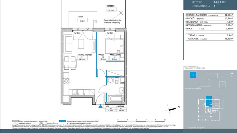 Rzut - Mieszkanie na sprzedaż 2 pokoje o powierzchni 44,41 m² - numer C.1.02 w Nordic Bemowo - etap IV