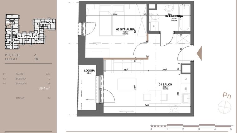 Rzut - Mieszkanie na sprzedaż 2 pokoje o powierzchni 39,4 m² - numer 18 w BETWEEN