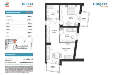Rzut - Mieszkanie na sprzedaż 3 pokoje o powierzchni 68,12 m² - numer M III.1.1 w Glogera Bricks