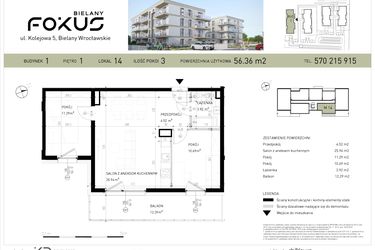 Rzut - Mieszkanie na sprzedaż 3 pokoje o powierzchni 56,36 m² - numer B1-14 w Fokus Bielany