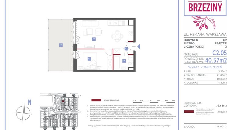 Rzut - Mieszkanie na sprzedaż 2 pokoje o powierzchni 40,57 m² - numer C2.05 w Miasteczko Brzeziny II