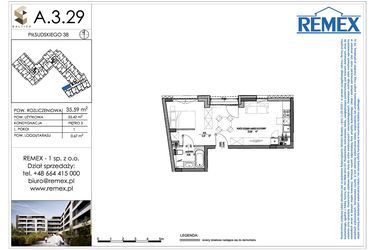 Rzut - Mieszkanie na sprzedaż 1 pokój o powierzchni 35,57 m² - numer A.3.29 w Osiedle BALTICA