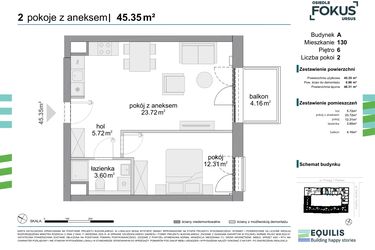 Rzut - Mieszkanie na sprzedaż 2 pokoje o powierzchni 45,35 m² - numer 130 w Osiedle Fokus Ursus