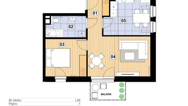 Rzut - Mieszkanie na sprzedaż 2 pokoje o powierzchni 50,63 m² - numer L-24 w Mickiewicza 21 Residence