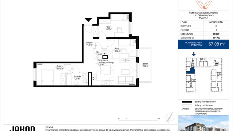 Rzut - Mieszkanie na sprzedaż 4 pokoje o powierzchni 67,08 m² - numer D.D69 w Wieruszowska D