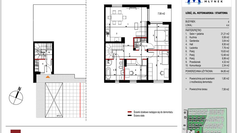 Rzut - Mieszkanie na sprzedaż 4 pokoje o powierzchni 84,85 m² - numer 4.4 w Przystań Młynek