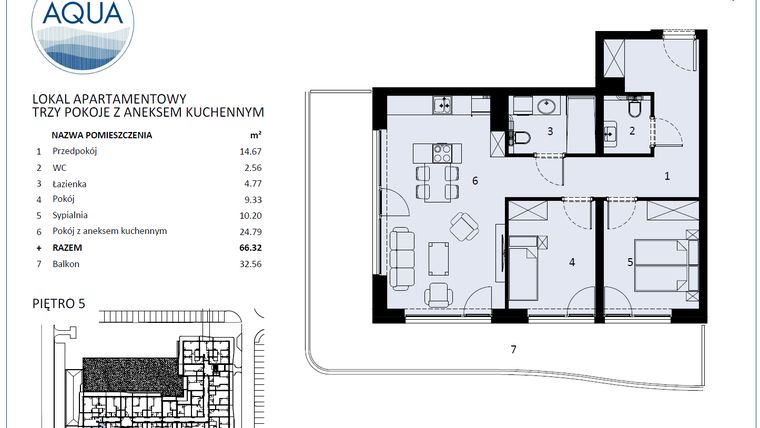 Rzut - Mieszkanie na sprzedaż 3 pokoje o powierzchni 63,29 m² - numer F502 w Polanki Aqua - budynek E i F