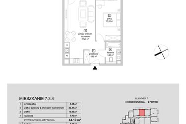 Rzut - Mieszkanie na sprzedaż 2 pokoje o powierzchni 44,1 m² - numer 7.3.4 w Osiedle Przyjemne IV