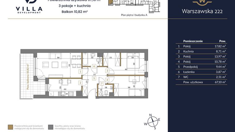 Rzut - Mieszkanie na sprzedaż 3 pokoje o powierzchni 67,1 m² - numer 45A w Warszawska 222