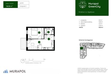 Rzut - Mieszkanie na sprzedaż 2 pokoje o powierzchni 38,58 m² - numer 2.A.0.07 w Murapol GreenCity bud. 2