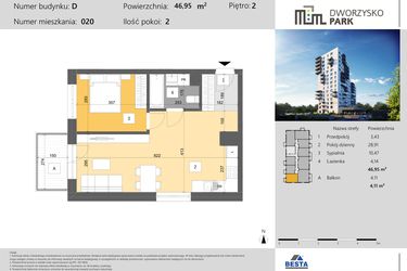 Rzut - Mieszkanie na sprzedaż 2 pokoje o powierzchni 46,95 m² - numer 20 w Dworzysko Park - Etap III