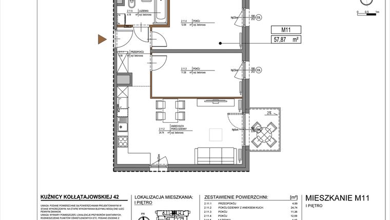 Rzut - Mieszkanie na sprzedaż 3 pokoje o powierzchni 57,87 m² - numer M11 w Kuźnicy Kołłątajowskiej 42
