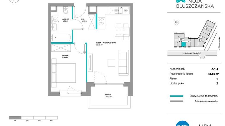 Rzut - Mieszkanie na sprzedaż 2 pokoje o powierzchni 41,5 m² - numer A.1.4 w Moja Bluszczańska
